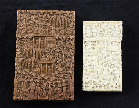 A Chinese sandalwood card case and an ivory card case, 19th century, 11cm and 8.5cm